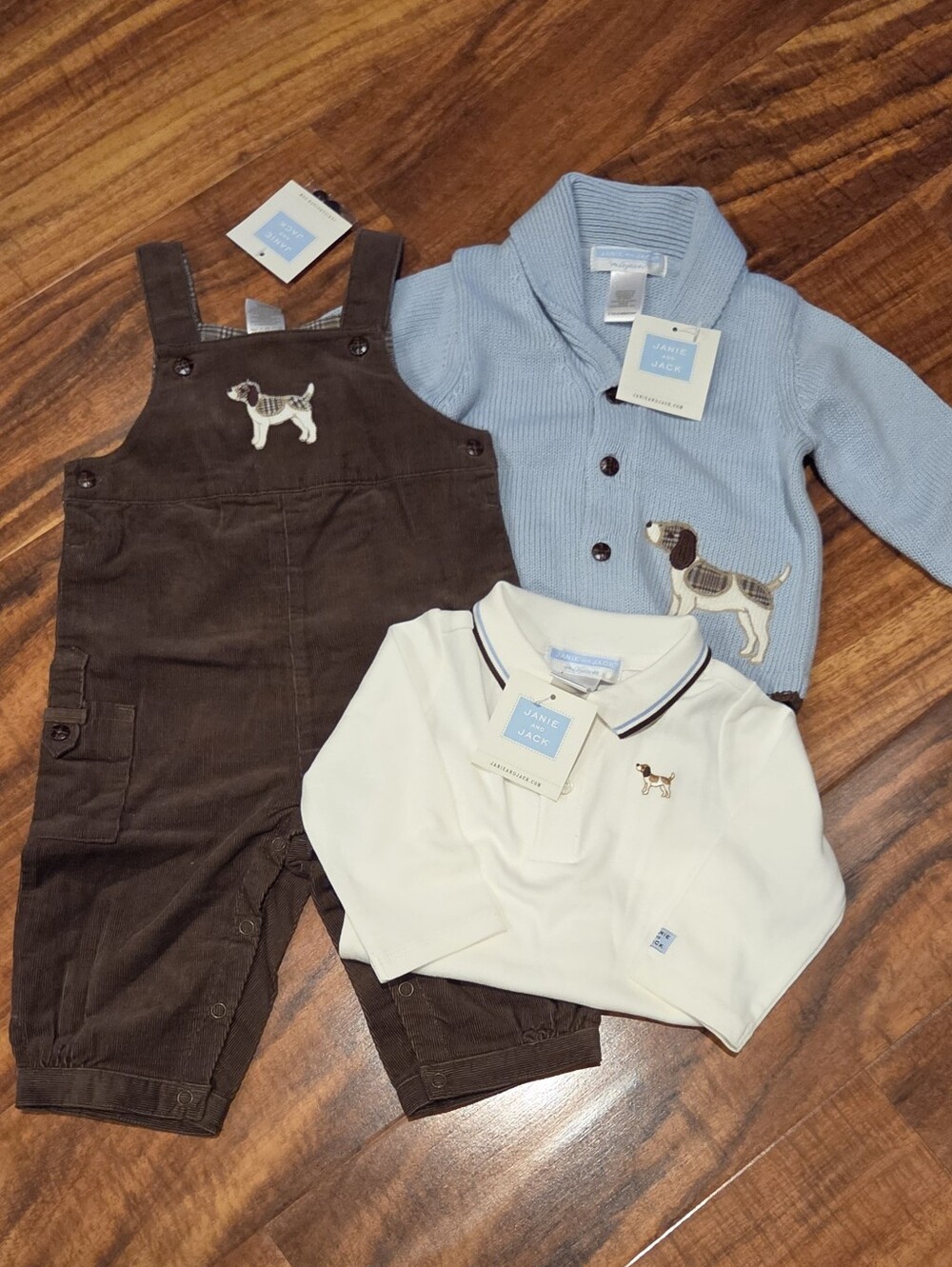 Janie and Jack NWT 3-6 Months Corduroy Overalls, Polo Bodysuit and Dog Sweater